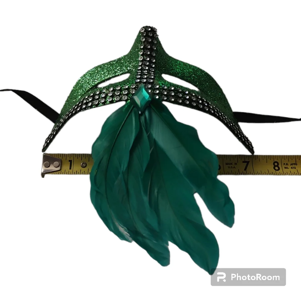Emerald Green Masquerade Mask Rhinestone and Feather Peacock Style Venetian Gala